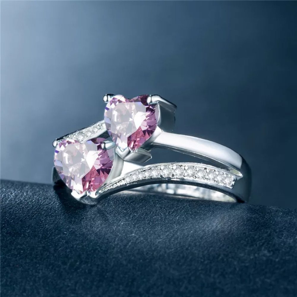 🎀925 Silver Plated Pink Double Heart-Shaped CZ Ring, MLNN1202 - Picture 4 of 4